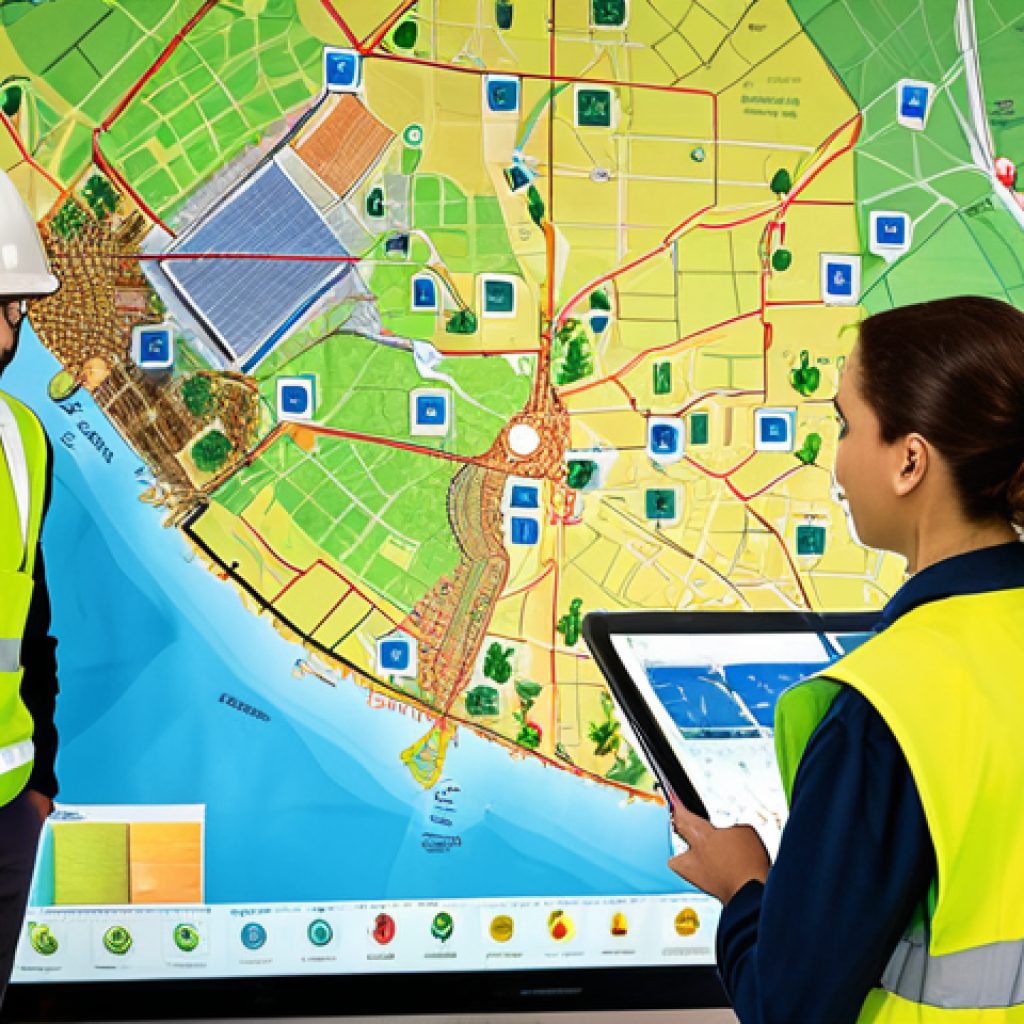 **

A diverse group of environmental technicians collaborates around a large GIS map displayed on a touchscreen table. The map highlights renewable energy sources and waste management facilities in a vibrant, modern city. Include elements like wind turbines, solar panels, recycling plants, and electric vehicles. The overall tone is optimistic and forward-thinking.

**