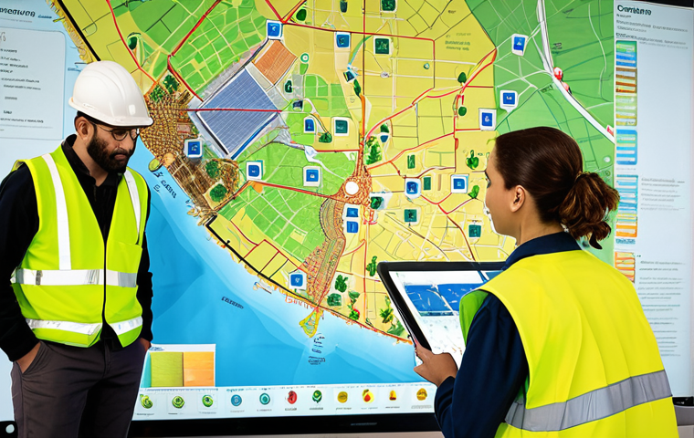 **
A diverse group of environmental technicians collaborates around a large GIS map displayed on a touchscreen table. The map highlights renewable energy sources and waste management facilities in a vibrant, modern city. Include elements like wind turbines, solar panels, recycling plants, and electric vehicles. The overall tone is optimistic and forward-thinking.
**