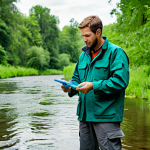 A skilled professional environmental conservation technician, fully clothed in practical and modest field attire including a work jacket and durable pants, standing by a clear river in a lush natural park. They are carefully collecting a water sample with specialized equipment, observing the surroundings with a focused and professional expression. The background features healthy green foliage and a serene, well-maintained ecosystem. Professional photography, high detail, realistic, vibrant natural lighting, safe for work, appropriate content, perfect anatomy, correct proportions, natural pose, well-formed hands, proper finger count, natural body proportions.