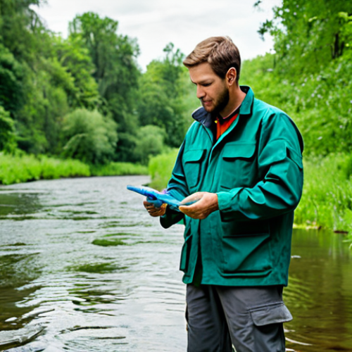 A skilled professional environmental conservation technician, fully clothed in practical and modest field attire including a work jacket and durable pants, standing by a clear river in a lush natural park. They are carefully collecting a water sample with specialized equipment, observing the surroundings with a focused and professional expression. The background features healthy green foliage and a serene, well-maintained ecosystem. Professional photography, high detail, realistic, vibrant natural lighting, safe for work, appropriate content, perfect anatomy, correct proportions, natural pose, well-formed hands, proper finger count, natural body proportions.
