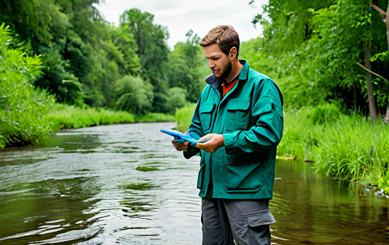 A skilled professional environmental conservation technician, fully clothed in practical and modest field attire including a work jacket and durable pants, standing by a clear river in a lush natural park. They are carefully collecting a water sample with specialized equipment, observing the surroundings with a focused and professional expression. The background features healthy green foliage and a serene, well-maintained ecosystem. Professional photography, high detail, realistic, vibrant natural lighting, safe for work, appropriate content, perfect anatomy, correct proportions, natural pose, well-formed hands, proper finger count, natural body proportions.