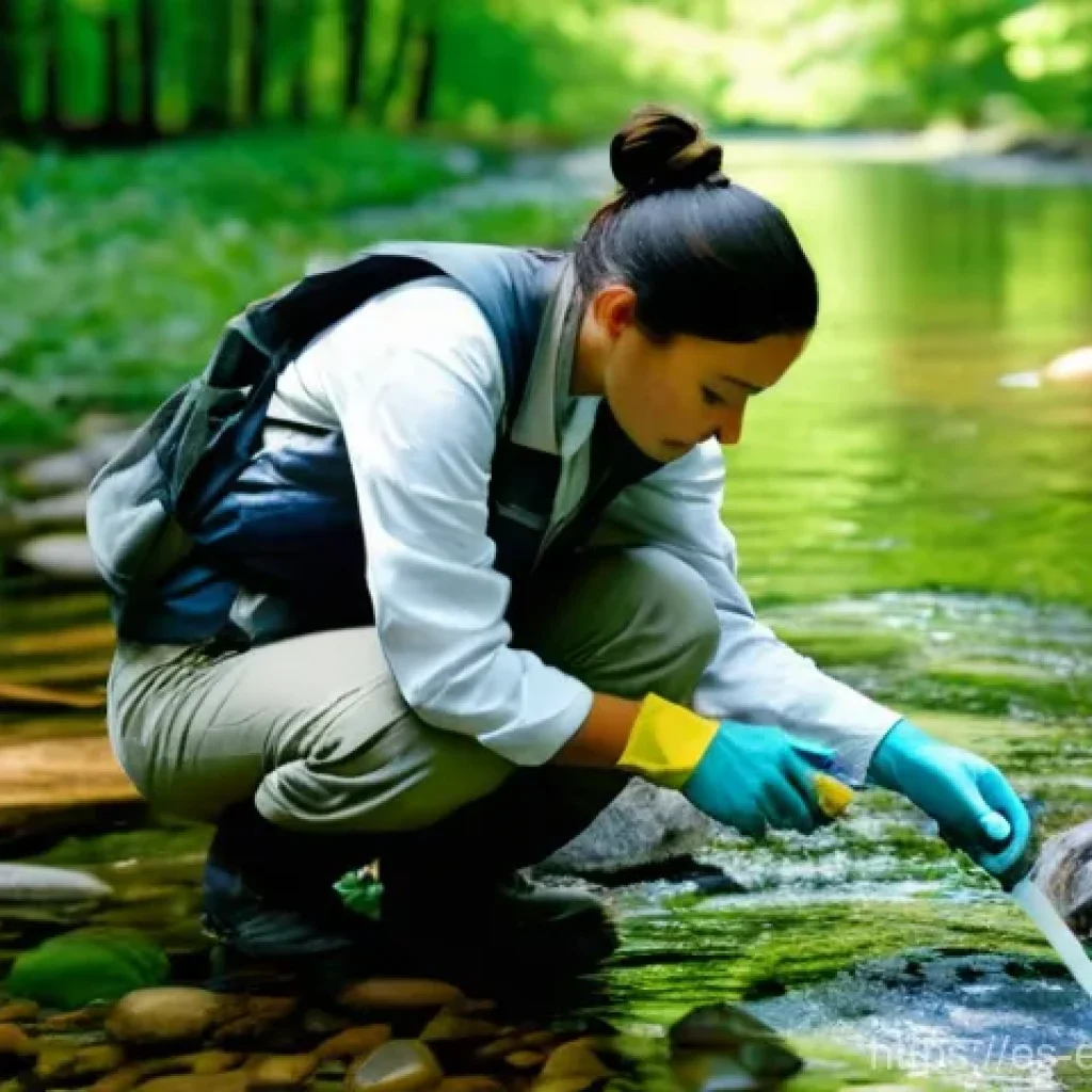 환경보전기술자 자격증 취득의 필요성 - **Prompt:** A focused female environmental technician, in her late 20s, with a serious expression, i...