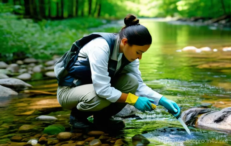 환경보전기술자 자격증 취득의 필요성 - **Prompt:** A focused female environmental technician, in her late 20s, with a serious expression, i...