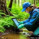 환경보전기술자 자격 취득 방법 - A young environmental technician wearing practical outdoor clothing and safety gear, including glove...