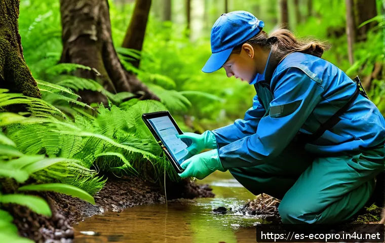 환경보전기술자 자격 취득 방법 - A young environmental technician wearing practical outdoor clothing and safety gear, including glove...