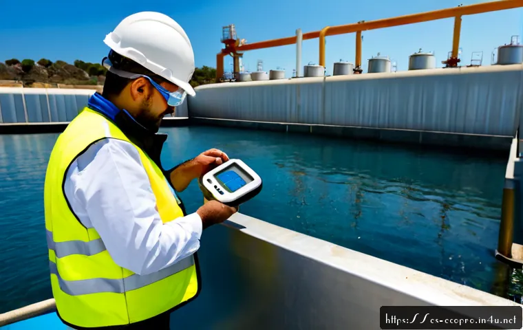 환경보전기술자 실무 대응 전략 - Photorealistic environmental compliance engineer at a clean industrial wastewater treatment facility...
