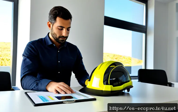 환경보전기술자 경력과 이직의 관계 - Photorealistic environmental conservation engineer in a bright modern office in Spain, reviewing a p...