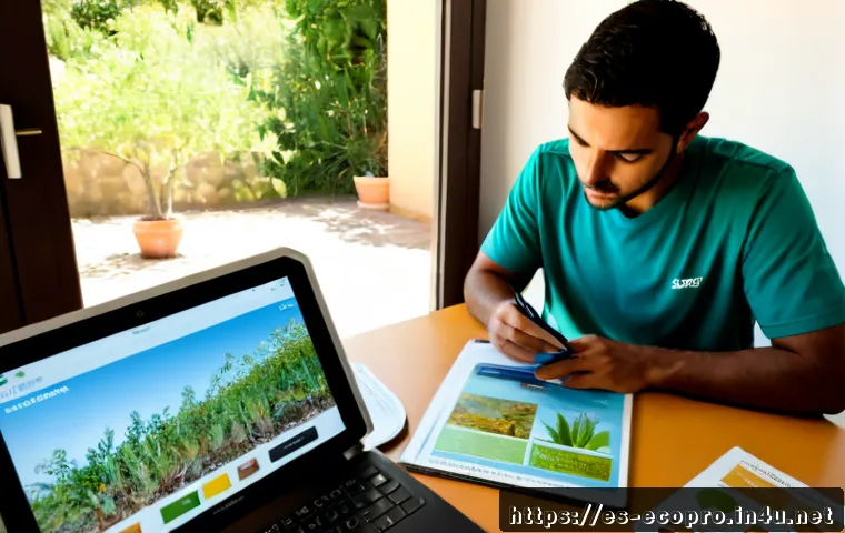 Home 17 환경보전기술자 자격증 학습 자료 - Photorealistic Spanish environmental conservation technician studying at a bright home desk, focused...